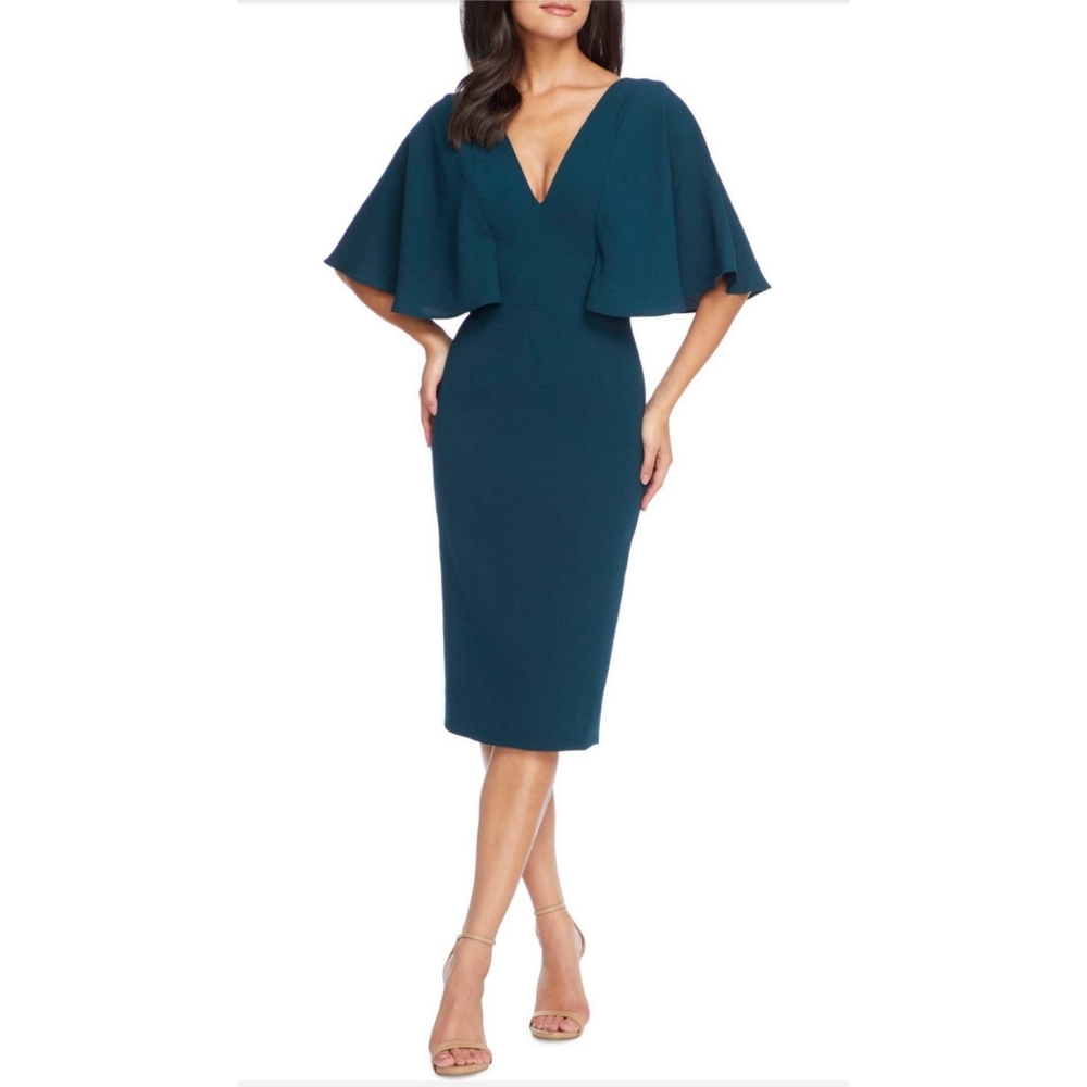 DRESSTHEPOPULATION LOUISA TEAL CAPE BODYCON DRESS
